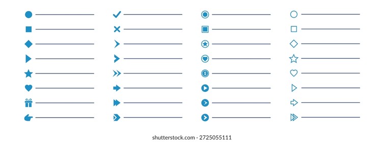 Conjunto de Vectores de íconos de lista de viñetas con flechas marca círculos y puntos para menús de interfaz de usuario Web e interfaz móvil infografía y presentación sobre fondo transparente