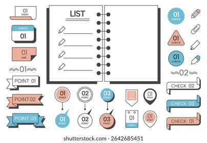 Bullet list journal. Simple note paper with check marks, underline and list number elements. Vector sticky note with memo points set.
