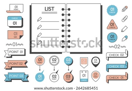 Bullet list journal. Simple note paper with check marks, underline and list number elements. Vector sticky note with memo points set.