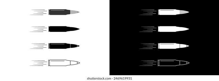 Una bala de una ametralladora vuela sobre un fondo blanco y negro. Icono de Vector.