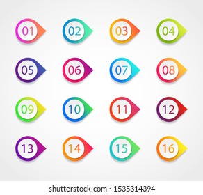 Bullet Marker Icon With Number 1, 3, 4, 5, 7, 9, 10, 12 For Infographic, Presentation. Set Of Graphic Pointer With Steps. Sticky Point Bullet Gradient Color. Template Label Info Bullet. Vector Eps10