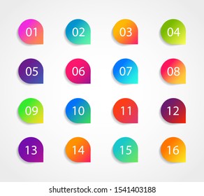 Bullet marker icon with number 1, 3, 4, 5, 7, 9, 10, 12 for infographic, presentation. Set of graphic pointer with steps. Sticky point bullet gradient color. Template label info bullet. vector eps10