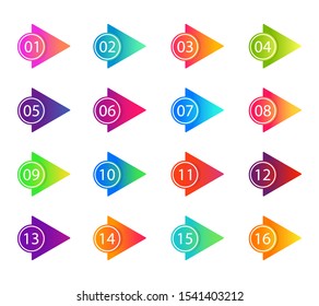 Bullet marker icon with number 1, 3, 4, 5, 7, 9, 10, 12 for infographic, presentation. Set of graphic pointer with steps. Sticky point bullet gradient color. Template label info bullet. vector eps10