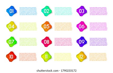 Bullet marker icon with number 1 to 12 for infographic, presentation. Number bullet point colorful 3d Markers isolated on white background. Sticky point gradient color. Vector illustration, eps 10.