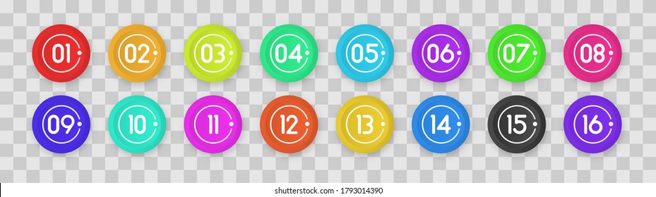 Bullet marker icon with number 1 to 12 for infographic, presentation. Number bullet point colorful 3d Markers isolated on transparent background. Sticky point gradient color. Vector illustration.