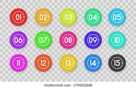 Bullet marker icon with number 1 to 12 for infographic, presentation. Number bullet point colorful 3d Markers isolated on transparent background. Sticky point gradient color. Vector illustration.