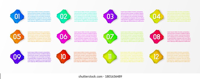 Bullet marker icon with number 1 to 12 for infographic, presentation. Sticky point gradient color. Number bullet point colorful 3d Markers isolated on white background. Vector illustration, eps 10.