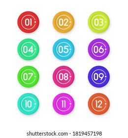 Bullet marker icon with number 1 to 12 for infographic, presentation. Number bullet point colorful 3d Markers isolated on white background. Sticky point gradient color. Vector illustration, eps 10.