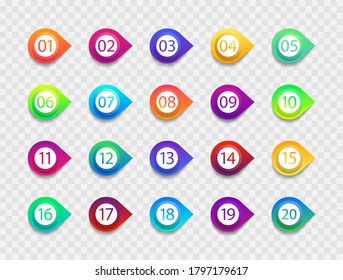 Bullet With Number. Icon With Point And Arrow. List Of Circles For Buttons. Png For Infographic From 1 To 20. Set Of Graphic Marker For Info, Text And Promotion. Simple Gradient Box With Pin. Vector.