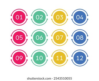 Bullet number point flat circle colorful, number from 1 to 12 vector