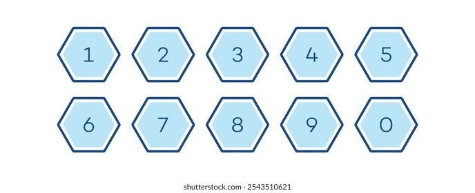 Bullet number point flat hexagon with outline and fill style, number from 1 to 9 vector