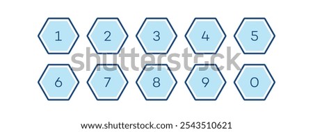 Bullet number point flat hexagon with outline and fill style, number from 1 to 9 vector