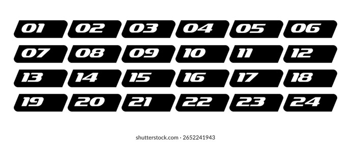 Bullet numbers font icons from 1 to 24. Oblique dynamic font. Black and white rectangular markers with numbers. Set of vector design elements for infographics