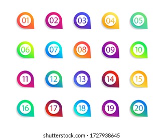 Bullet numbers. Infographic buttons and points. Icon with numbers from 1 to 20. 3d arrows and pointers for promotion. Colorful gradient markers for badges, tags. Modern logos in map interface. Vector.