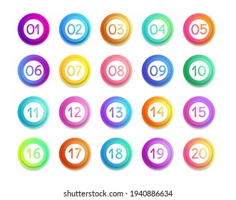Bullet numbers. Infographic buttons and points. Icon with numbers from 1 to 20. 3d pointers for promotion. Colorful gradient markers for badges, tags. Modern logos in map interface. Vector.