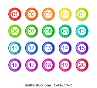 Bullet numbers. Infographic buttons and points. Icon with numbers from 1 to 20. 3d pointers for promotion. Colorful gradient markers for badges, tags. Modern logos in map interface. Vector.