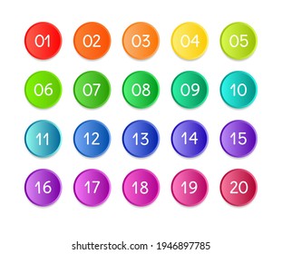 Bullet numbers. Infographic buttons and points. Icon with numbers from 1 to 20. 3d pointers for promotion. Colorful gradient markers for badges, tags. Modern logos in map interface. Vector.