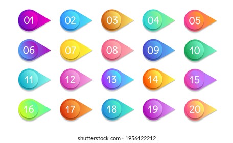 Bullet numbers. Infographic buttons and points. Icon with numbers from 1 to 20. 3d pointers for promotion. Colorful gradient markers for badges, tags. Modern logos in map interface. Vector.