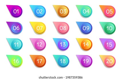 Bullet numbers. Infographic buttons and points. Icon with numbers from 1 to 20. 3d pointers for promotion. Colorful gradient markers for badges, tags. Modern logos in map interface. Vector.