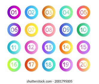 Bullet numbers. Infographic buttons and points. Icon with numbers from 1 to 20. 3d pointers for promotion. Colorful gradient markers for badges, tags. Modern logos in map interface. Vector.