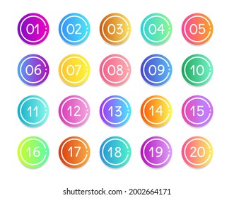 Bullet numbers. Infographic buttons and points. Icon with numbers from 1 to 20. 3d pointers for promotion. Colorful gradient markers for badges, tags. Modern logos in map interface. Vector.