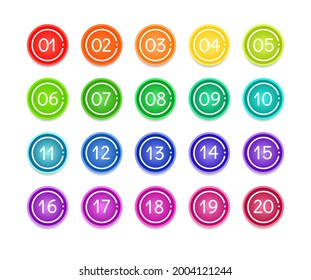Bullet numbers. Infographic buttons and points. Icon with numbers from 1 to 20. 3d pointers for promotion. Colorful gradient markers for badges, tags. Modern logos in map interface. Vector.