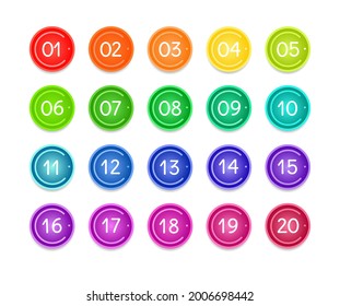 Bullet numbers. Infographic buttons and points. Icon with numbers from 1 to 20. 3d pointers for promotion. Colorful gradient markers for badges, tags. Modern logos in map interface. Vector.
