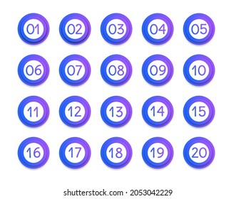 Bullet numbers. Infographic buttons and points. Icon with numbers from 1 to 20. 3d pointers for promotion. Colorful gradient markers for badges, tags. Modern logos in map interface. Vector.