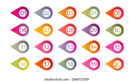 Bullet numbers. Infographic buttons and points. Icon with numbers from 1 to 20. 3d pointers for promotion. Colorful gradient markers for badges, tags. Modern logos in map interface. Vector.