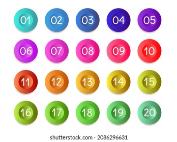 Bullet numbers. Infographic buttons and points. Icon with numbers from 1 to 20. 3d pointers for promotion. gradient markers for badges, tags. Modern logos in map interface. Vector.
