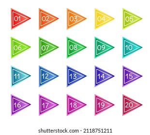 Bullet numbers. Infographic buttons and points. Icon with numbers from 1 to 20. 3d pointers for promotion. Colorful gradient markers for badges, tags. Modern logos in map interface. Vector.