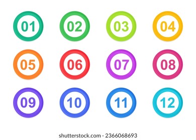 Bullet numbers. Infographic buttons and points. Icon with numbers from 1 to 12. 3d pointers for promotion. Colorful gradient markers for badges tags. Modern logos in map interface. Vector illustration