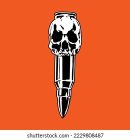 la bala pasa a través del cráneo.ilustración vectorial aislada en el fondo rojo.estilo lineal.elementos dibujados a mano.imagen decorativa.diseño moderno de tipografía para impresión,camiseta,tarjeta,afiche,banner,etc