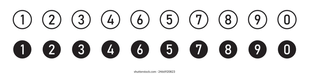 Bullet Point, Circle Number font icon . Typography Set of Round 1-9 Numbers. Numeral typographic line and flat icons set, editable stroke isolated on white, linear vector outline illustration, symbol 