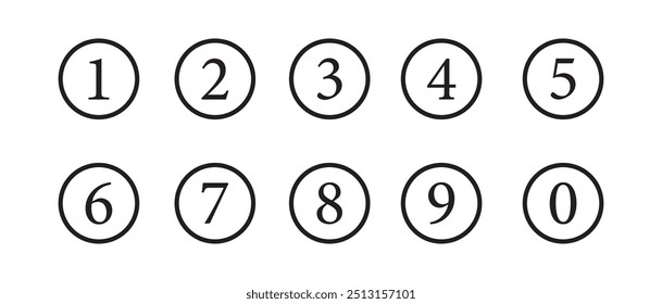 Bullet Point, Circle Number font icon . Typography Set of Round 1-9 Numbers. Numeral typographic line and flat icons set, editable stroke isolated on white, linear vector outline illustration, symbol