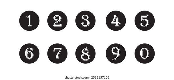 Bullet Point, Circle Number font icon . Typography Set of Round 1-9 Numbers. Numeral typographic line and flat icons set, editable stroke isolated on white, linear vector outline illustration, symbol