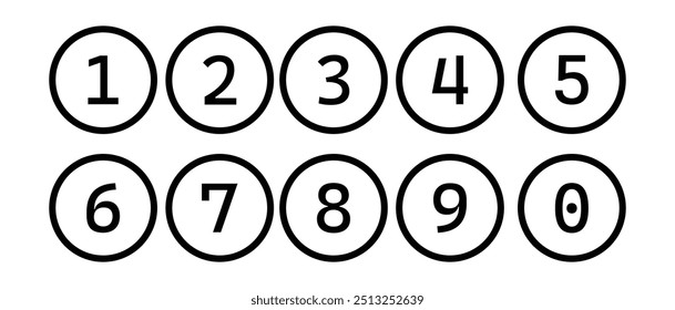 Bullet Point, Circle Number font icon . Typography Set of Round 1-0 Numbers. Numeral typographic line and flat icons set, editable stroke isolated on white, linear vector outline illustration, symbol.