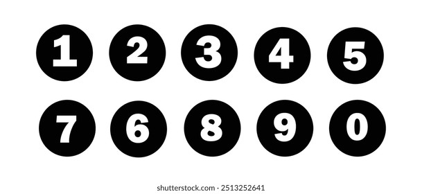 Bullet Point, Circle Number font icon . Typography Set of Round 1-0 Numbers. Numeral typographic line and flat icons set, editable stroke isolated on white, linear vector outline illustration, symbol.