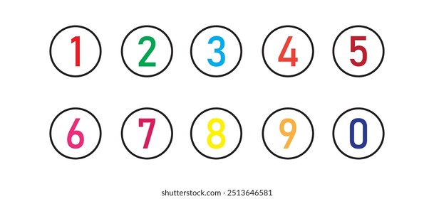 Bullet Point, Circle Number font icon . Typography Set of Round 1-9 Numbers. Numeral typographic line and flat icons set, editable stroke isolated on white, linear vector outline illustration, symbol