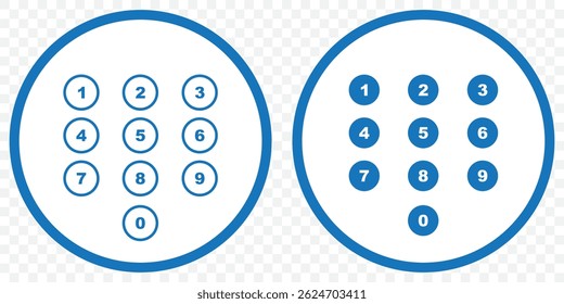Bullet Point, Circle Number font icon . Typography Set of Round 1-9 Numbers. Numeral typographic line and flat icons set, editable stroke isolated on white, linear vector outline illustration, symbol.