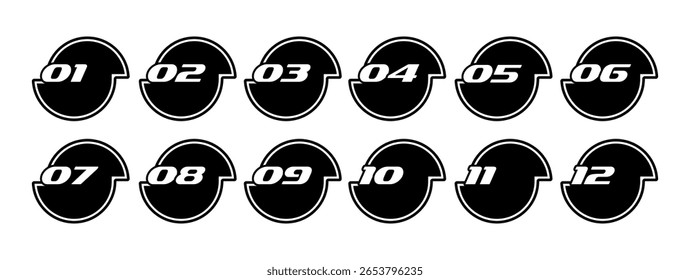 Bullet Point, Circle Number Font Icon. Set of round numbers from 1 to 12. Flat icons set in abstract round shape, editable stroke, isolated on white, linear vector outline, symbol
