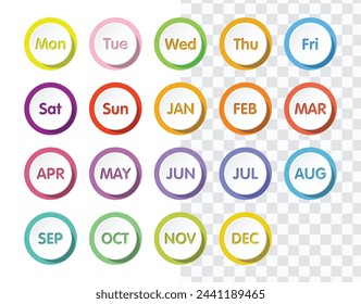 Bullet point with day and month collection for infographic and presentation. Monday to Sunday and January to December. Colorful gradient color. Vector EPS 10.