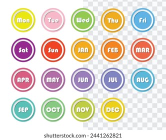 Bullet point with day and month collection for infographic and presentation. Monday to Sunday and January to December. Colorful gradient color. Vector EPS 10.