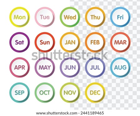 Bullet point with day and month collection for infographic and presentation. Monday to Sunday and January to December. Colorful gradient color. Vector EPS 10.