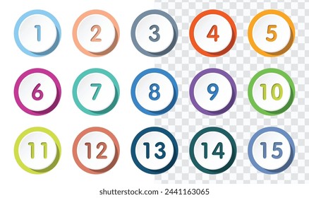 Bullet point with number collection for infographic and presentation. Numbers from 1 to 15. Colorful gradient color. Vector EPS 10.