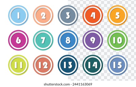 Bullet point with number collection for infographic and presentation. Numbers from 1 to 15. Colorful gradient color. Vector EPS 10.