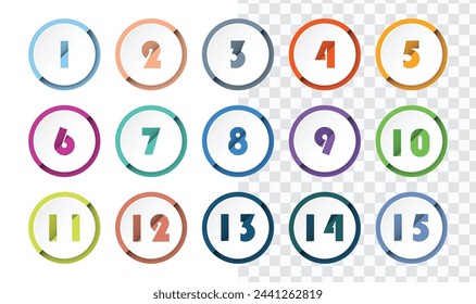 Bullet point with number collection for infographic and presentation. Numbers from 1 to 15. Colorful gradient color. Vector EPS 10.