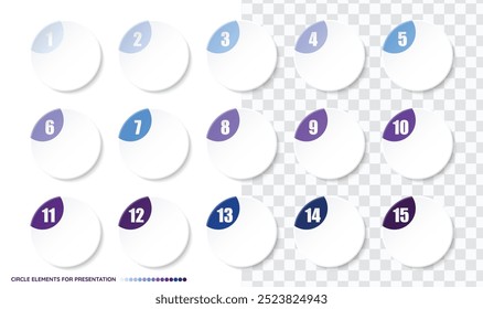 Ponto com marcador com coleção de números para infográfico e apresentação. Números de 1 a 15. Cor do gradiente colorido. Vetor EPS 10