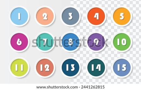 Bullet point with number collection for infographic and presentation. Numbers from 1 to 15. Colorful gradient color. Vector EPS 10.