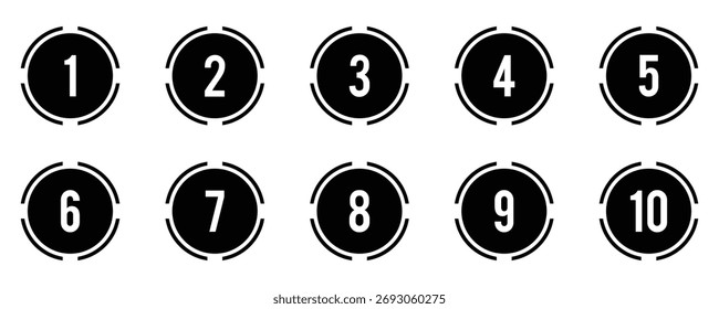 Bullet point, Number font icon. Bullet points 1 to 10. Number bullet point 1 to 10 vector set in black color. Vector illustration. EPS 10
